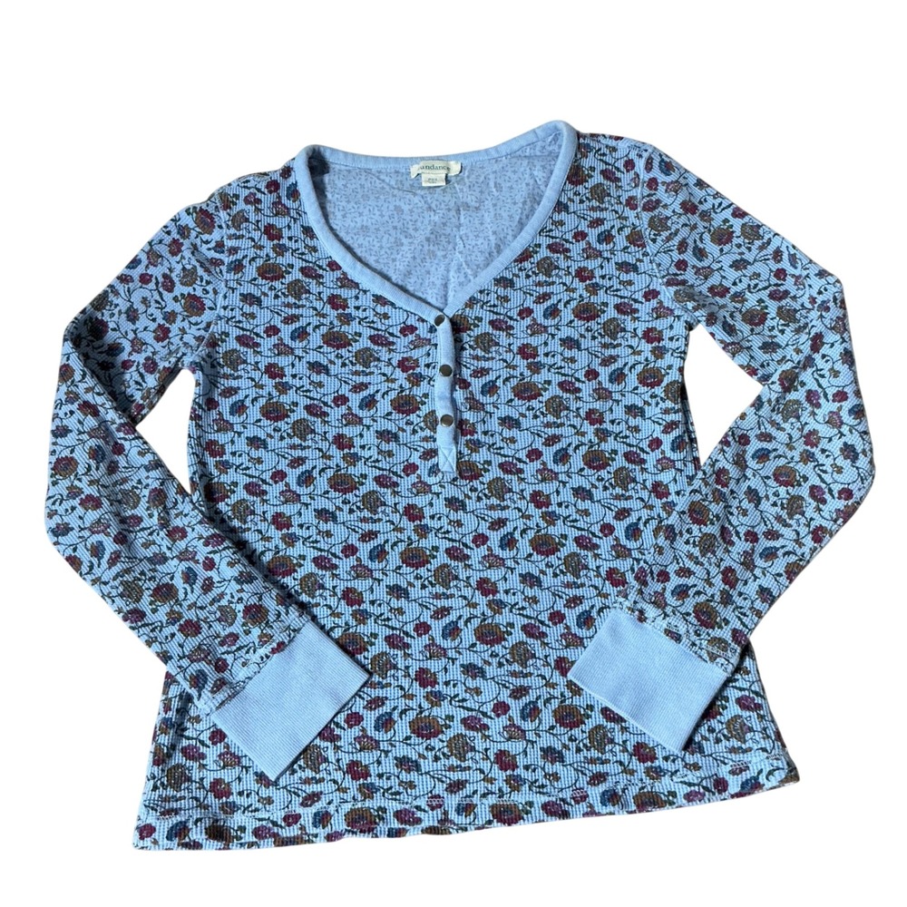 Sundance Cottagecore Floral Waffle Knit Henley Thermal Top PXS Long Sleeve